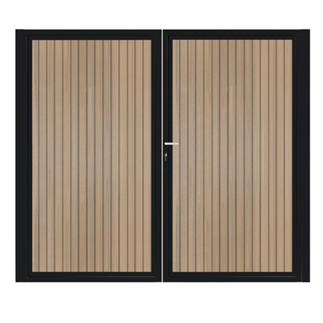 Dubbele stalen poort, zwart gepoedercoat, fijnstructuur, incl. hang- en sluitwerk (t.b.v. profielen 21mm dik)