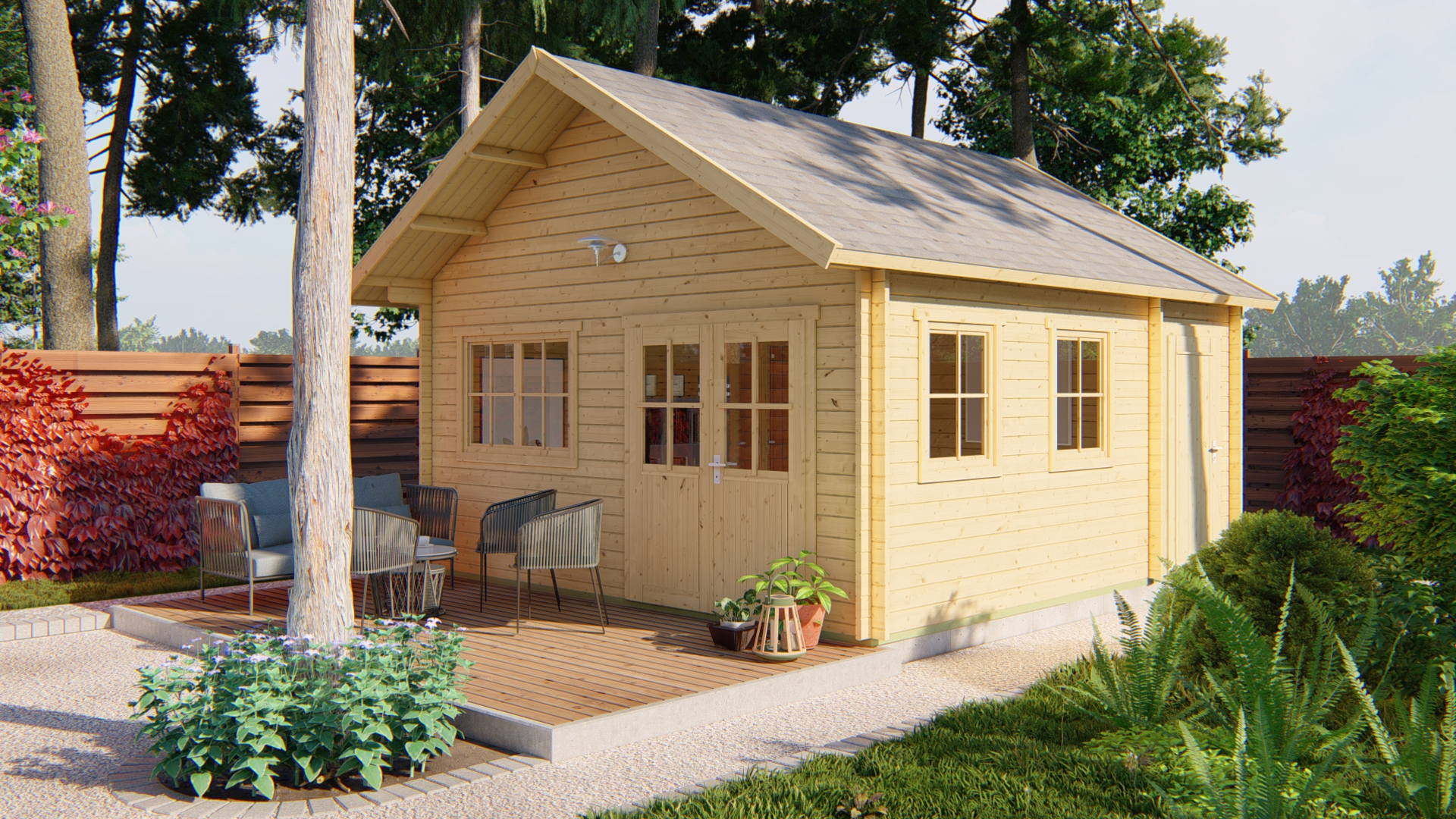 Blokhut - Tuinhuis Berlin | 44 mm | vuren honinggeel geïmpregneerd Blokhut - Tuinhuis Berlin | 44 mm | vuren honinggeel geïmpregneerd