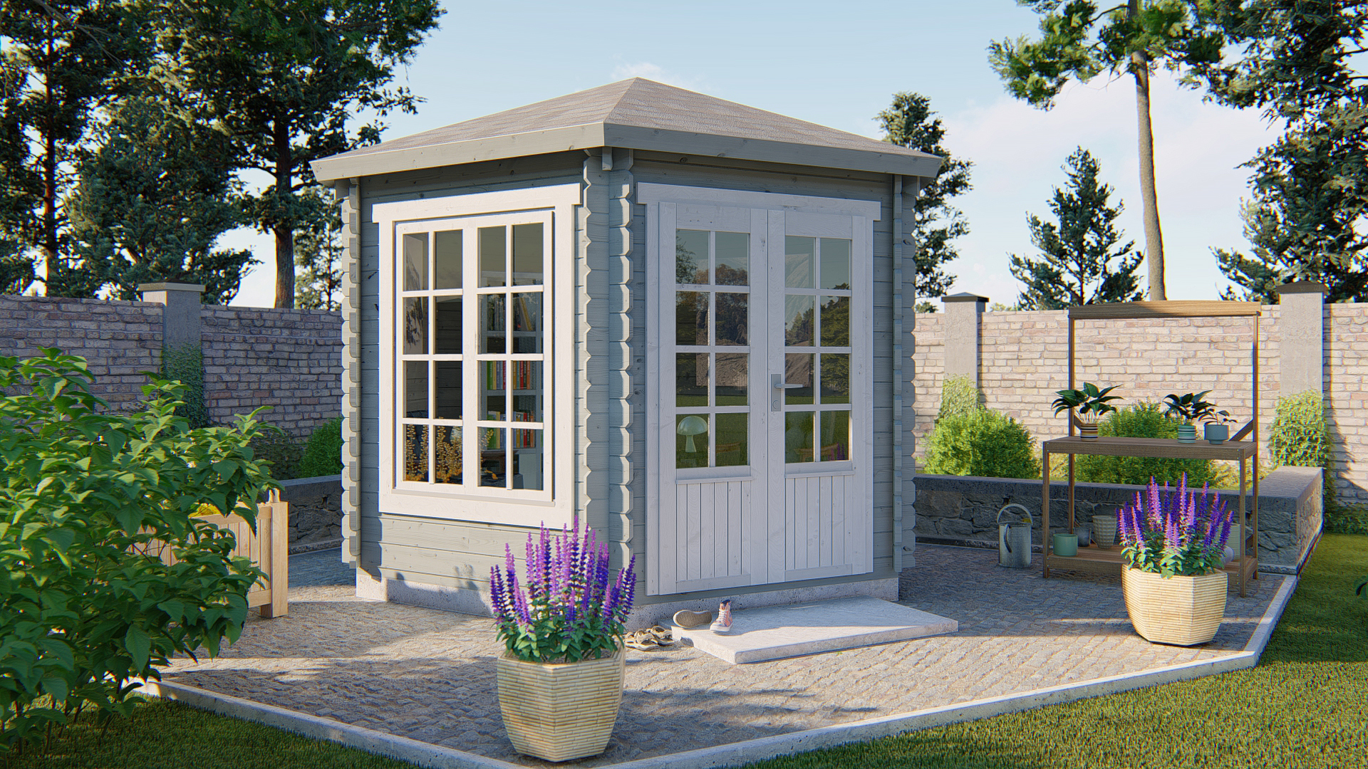 Blokhut - Tuinhuis Nora | 34 mm | vuren grijs geïmpregneerd
